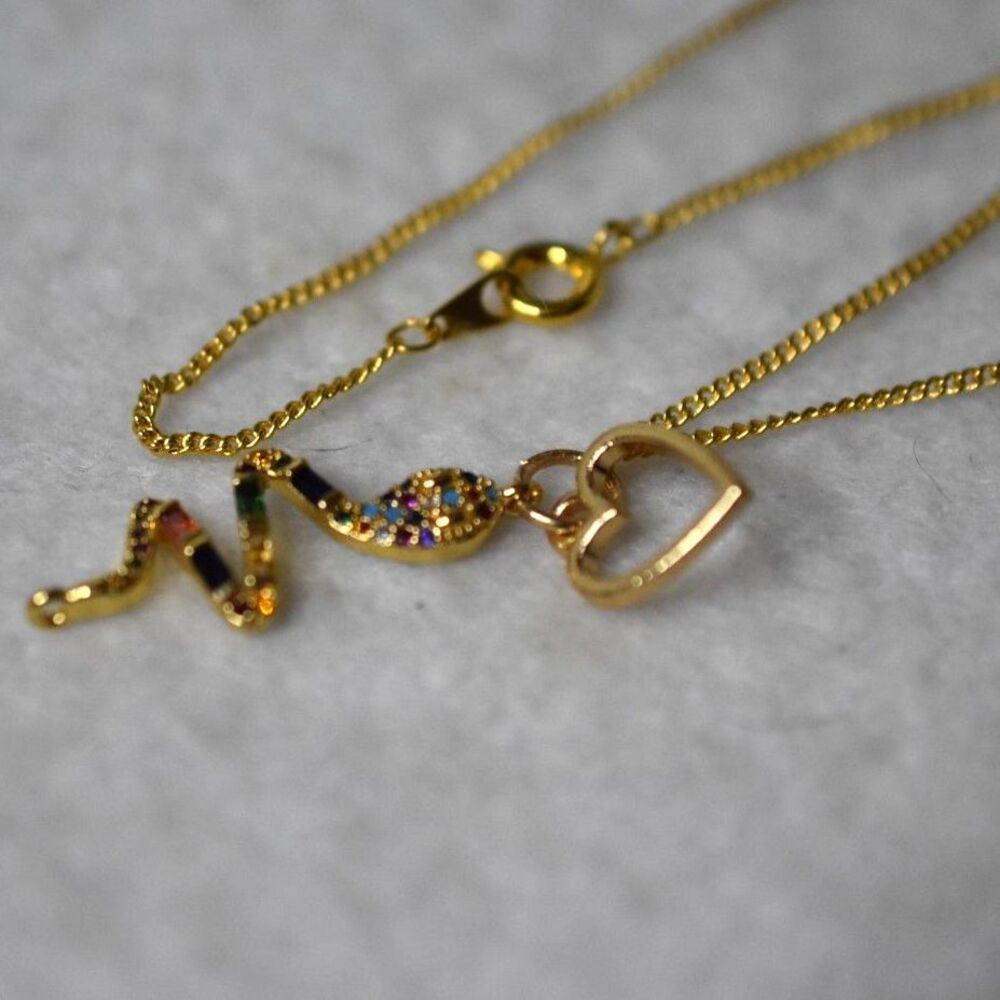 Unique Multi Color Crystal/Rhinestone Snake Gold Tone Heart Link Chain Necklace